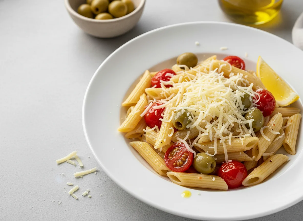 Penne mit Tomaten, Oliven und Käse photo