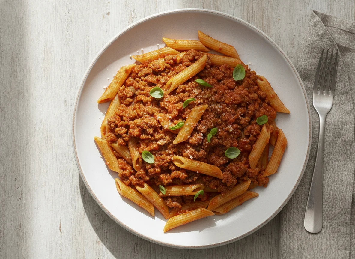 Penne mit Tomaten-Hackfleisch-Sauce photo