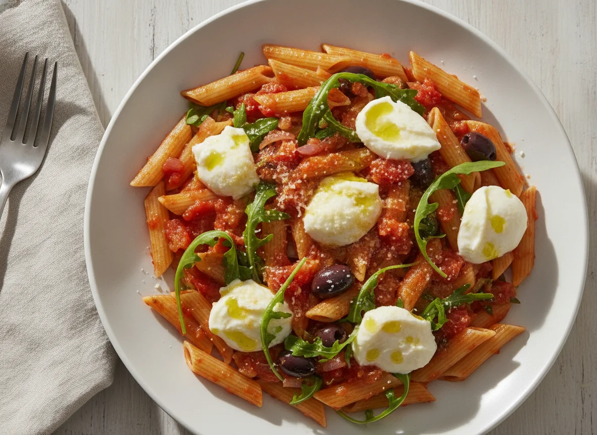 Penne mit Tomaten-Rucola-Sauce und Mozzarella photo