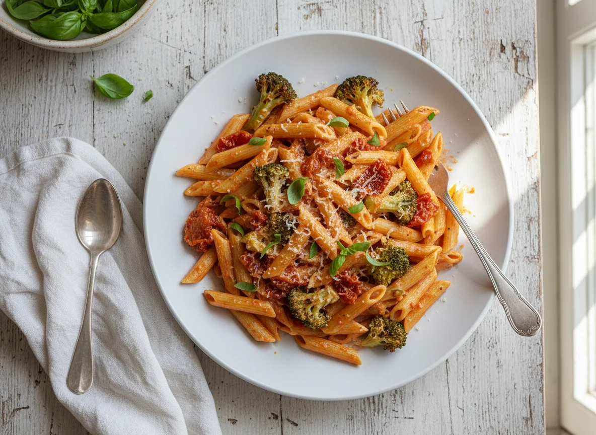 Penne mit Tomaten-Sahne-Sauce und Brokkoli photo