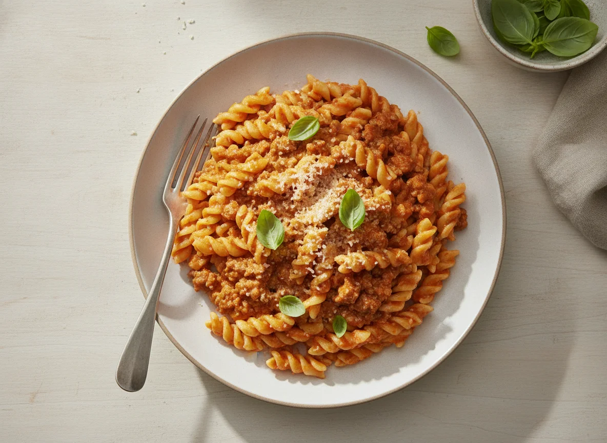 Penne mit Tomaten-Sahne-Sauce und Hackfleisch photo