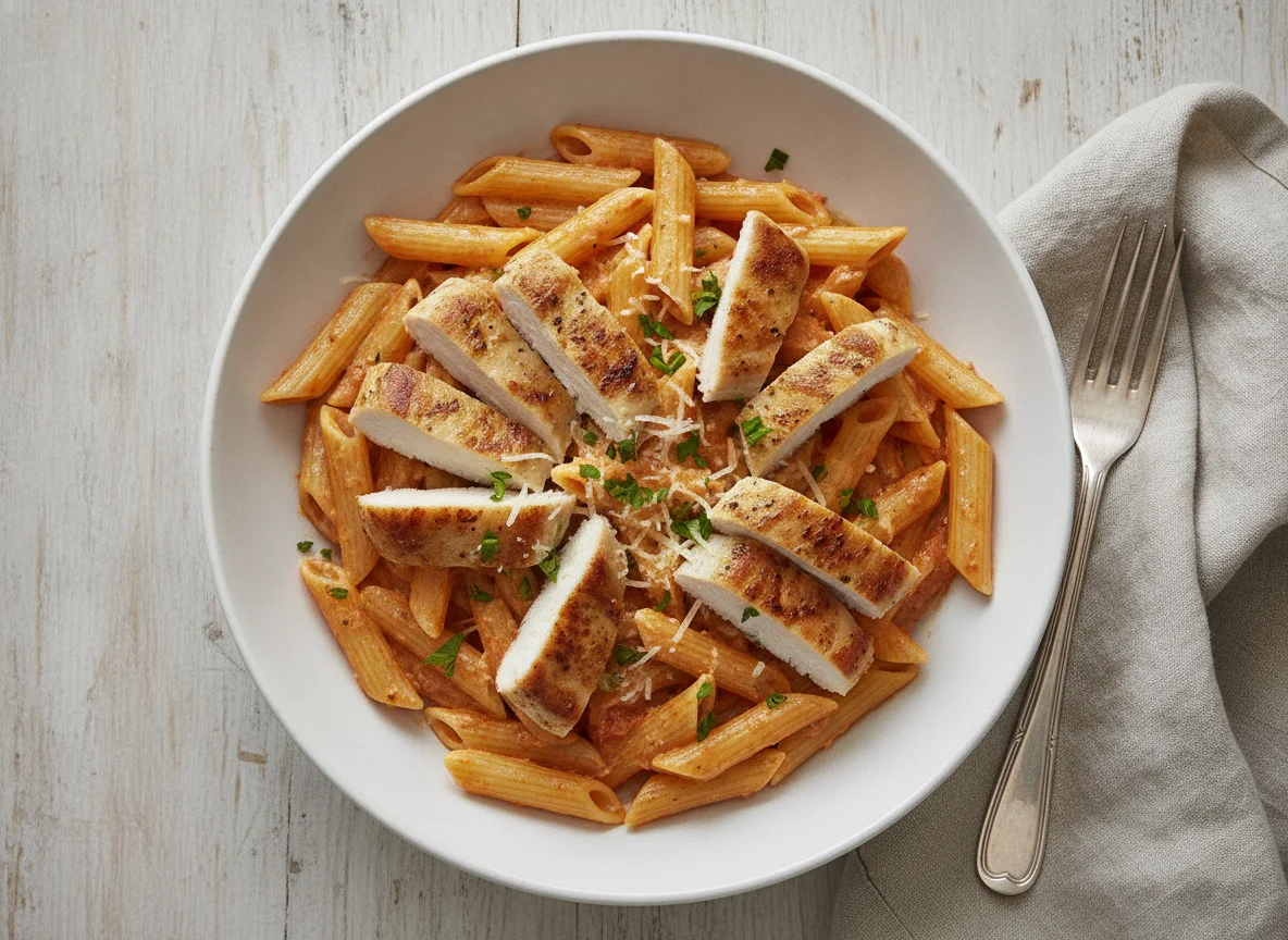 Penne mit Tomaten-Sahnesauce und Hähnchen photo