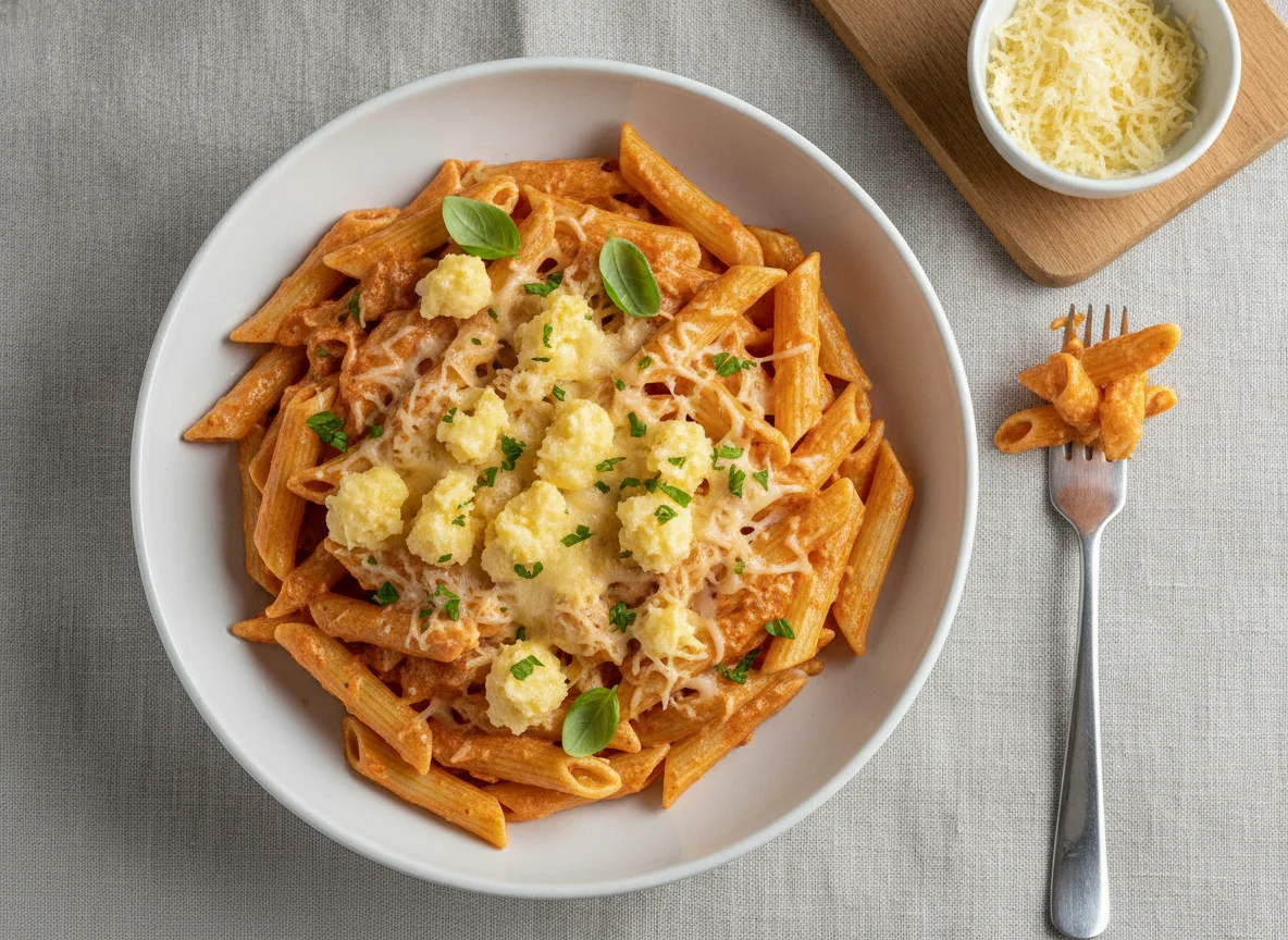 Penne mit Tomaten-Sahnesauce und Käse photo