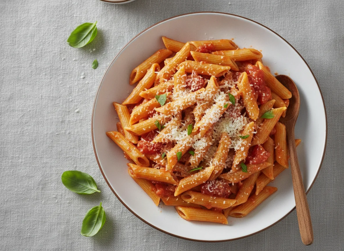 Penne mit Tomaten-Sahnesauce und Parmesan photo