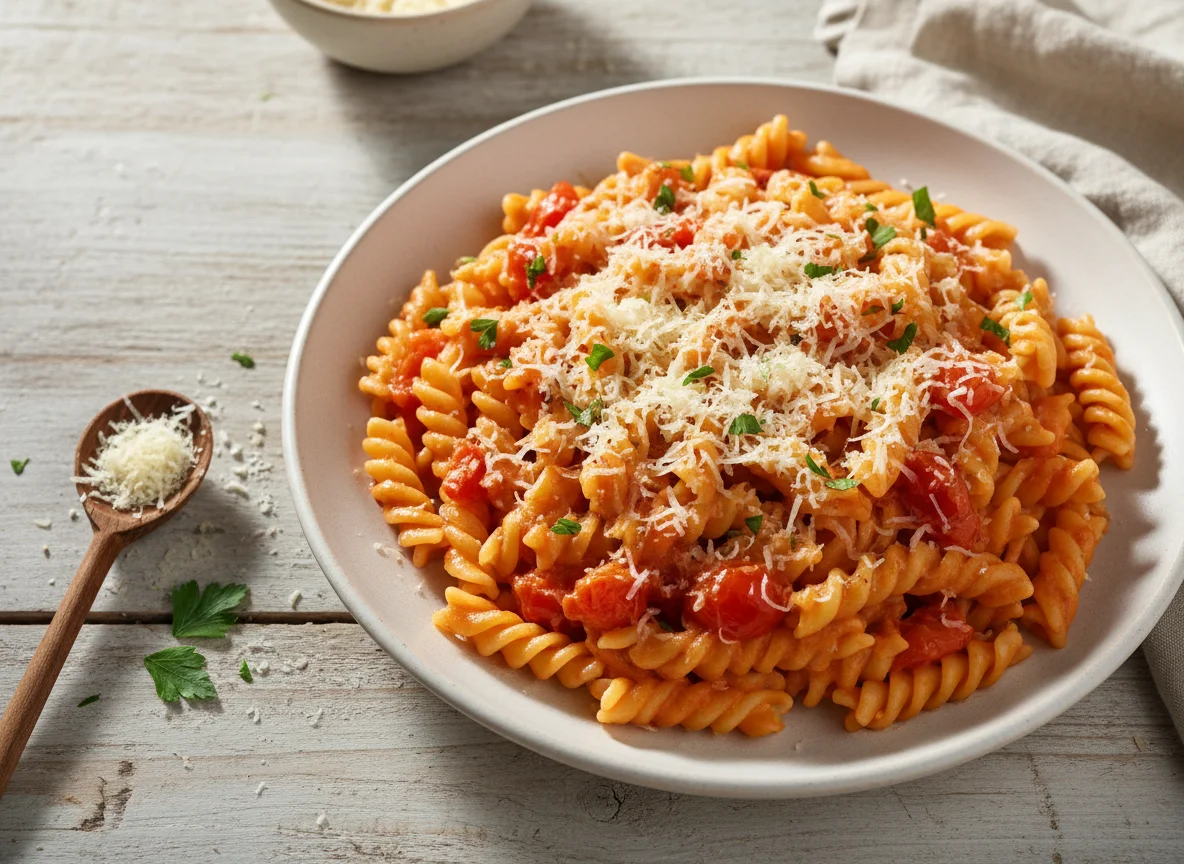 Penne mit Tomaten-Sahne-Sauce und Parmesan photo