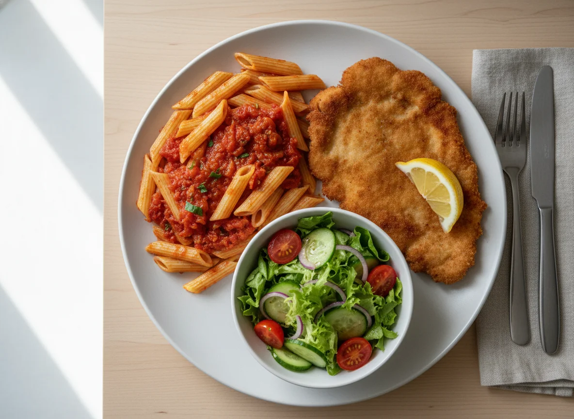 Penne mit Tomatensauce, Beilagensalat und Schnitzel photo