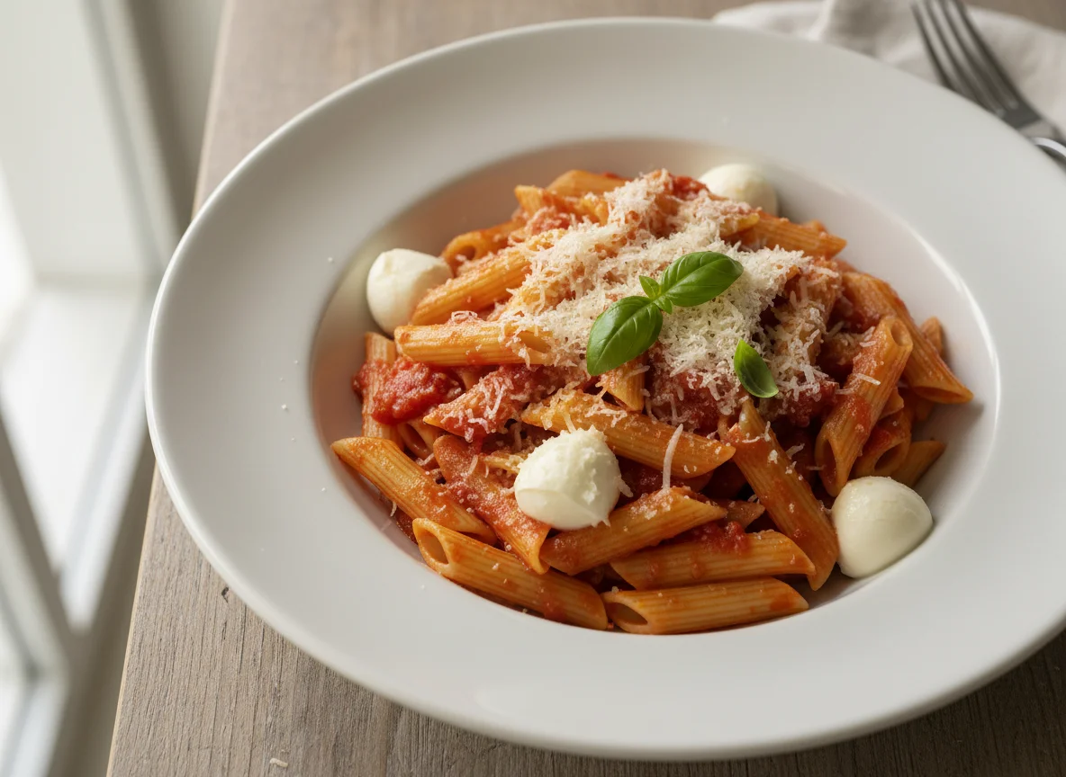 Penne mit Tomatensauce, Mozzarella und Parmesan photo
