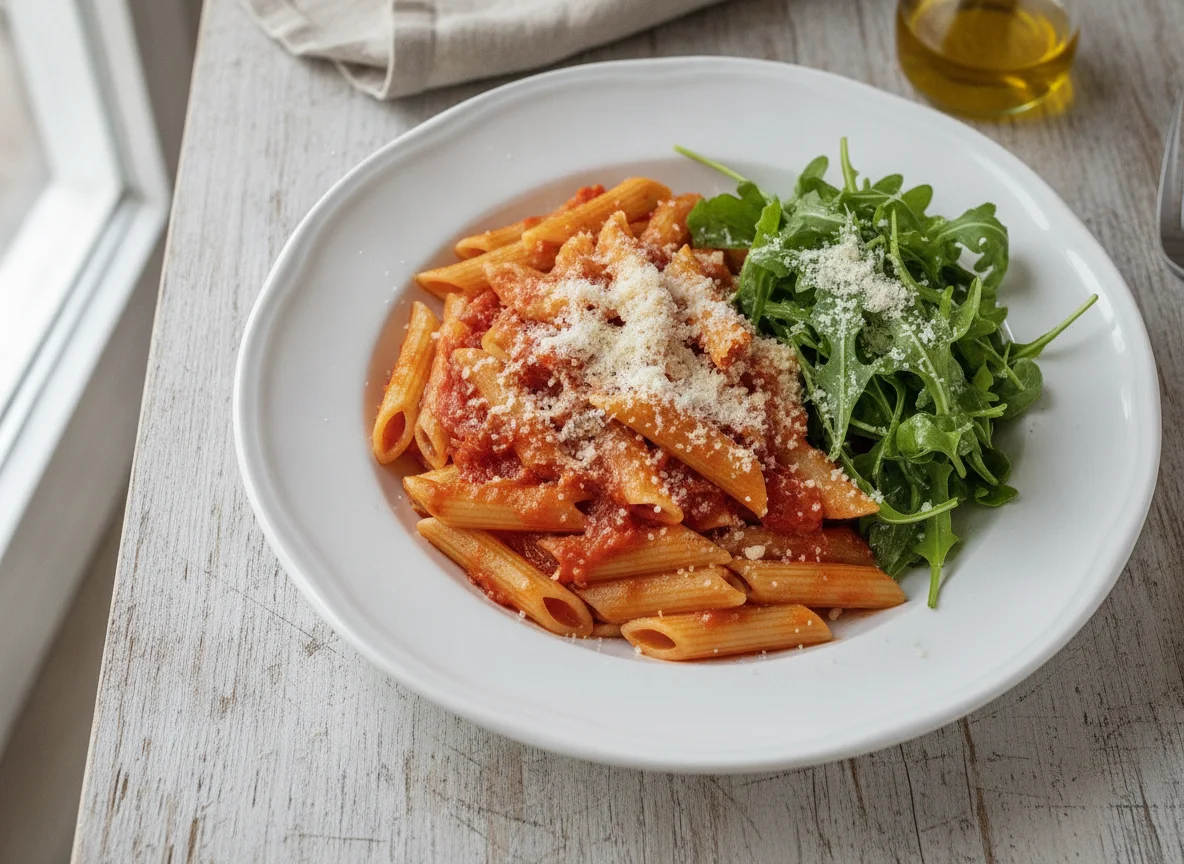 Penne mit Tomatensauce, Rucola und Parmesan photo