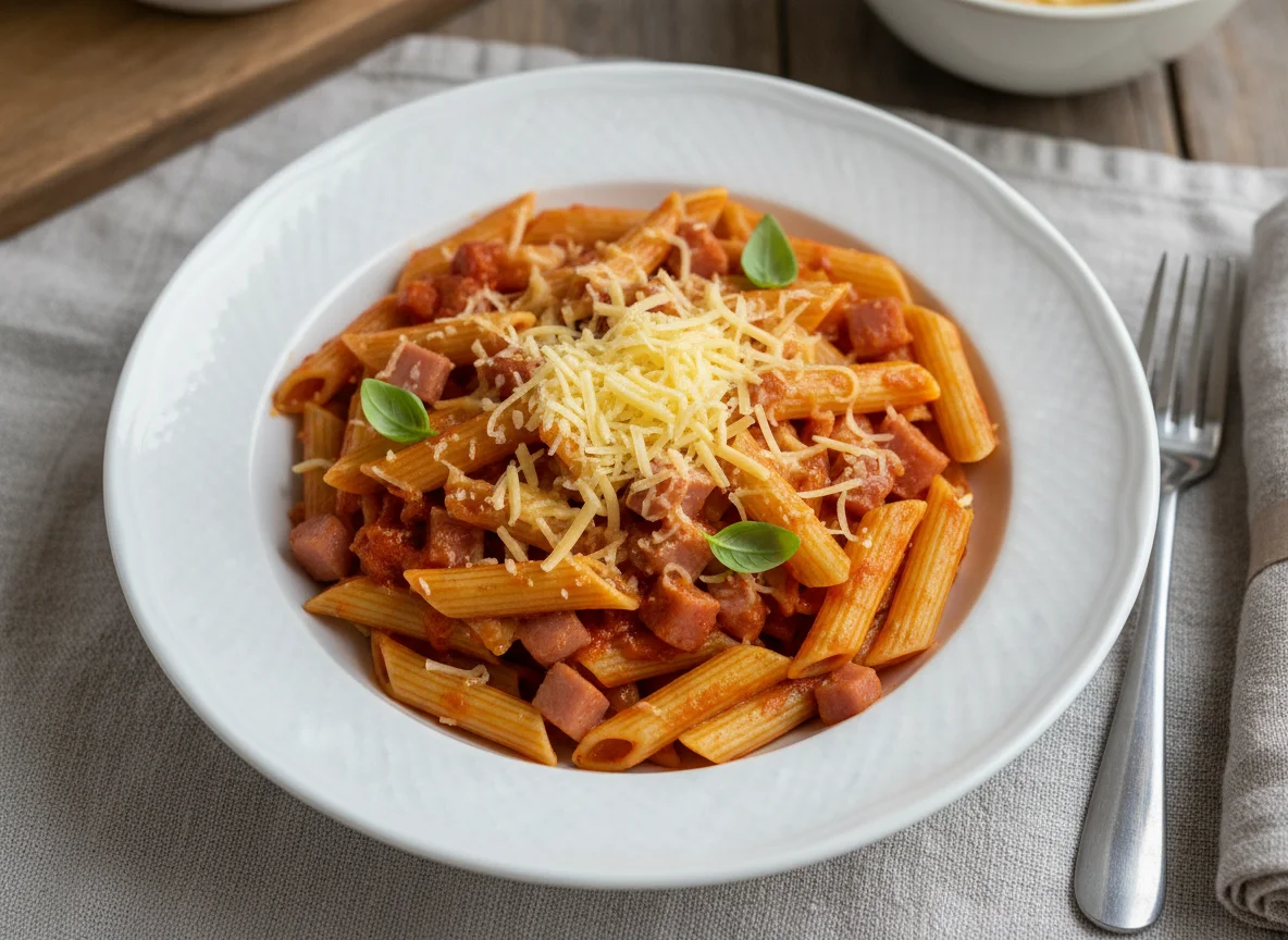 Penne mit Tomatensauce, Schinken und Käse photo