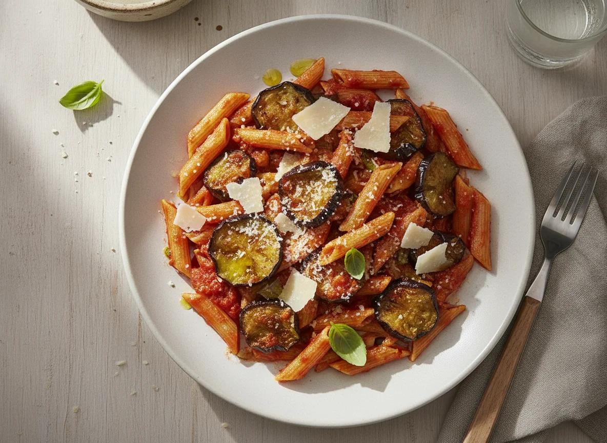 Penne mit Tomatensauce und Auberginen photo