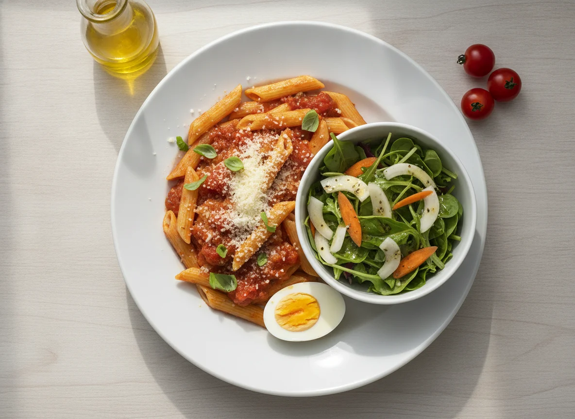 Penne mit Tomatensauce und Beilagensalat photo