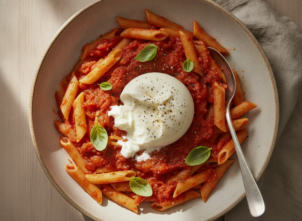 Penne mit Tomatensauce und Burrata photo