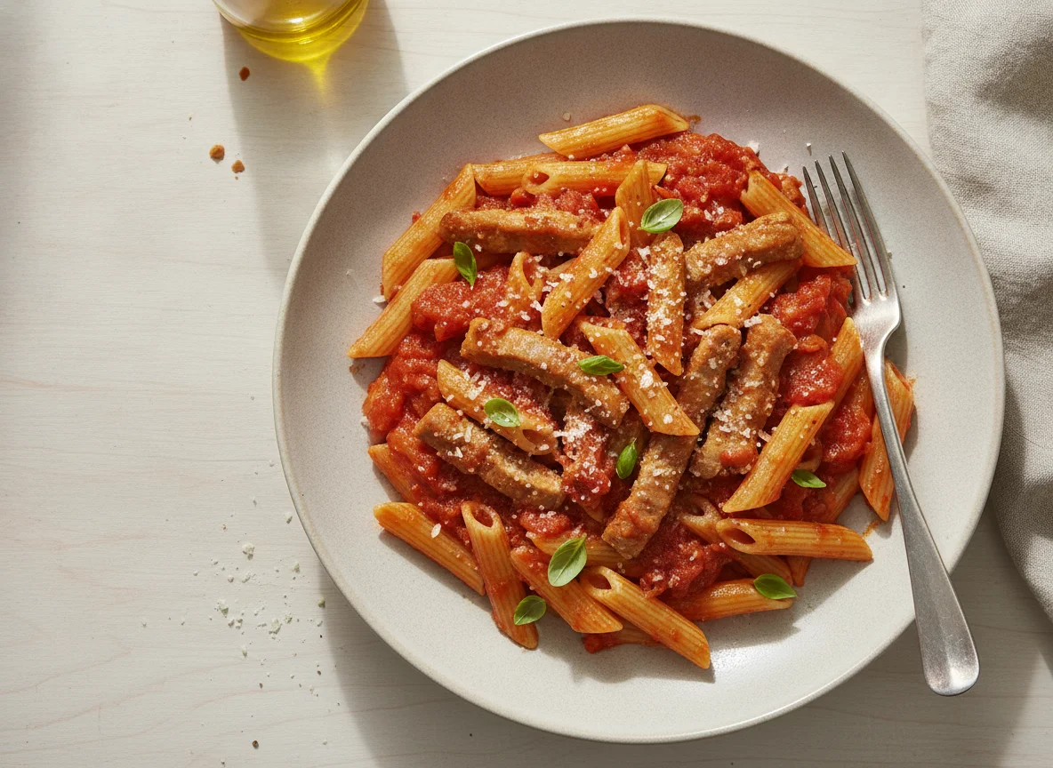 Penne mit Tomatensauce und Fleisch photo
