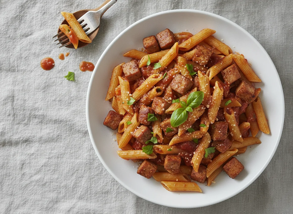 Penne mit Tomatensauce und Fleischwurst photo