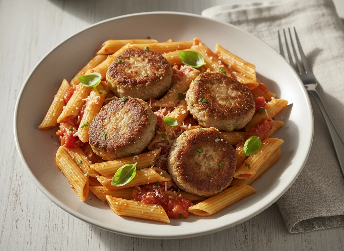 Penne mit Tomatensauce und Frikadellen photo
