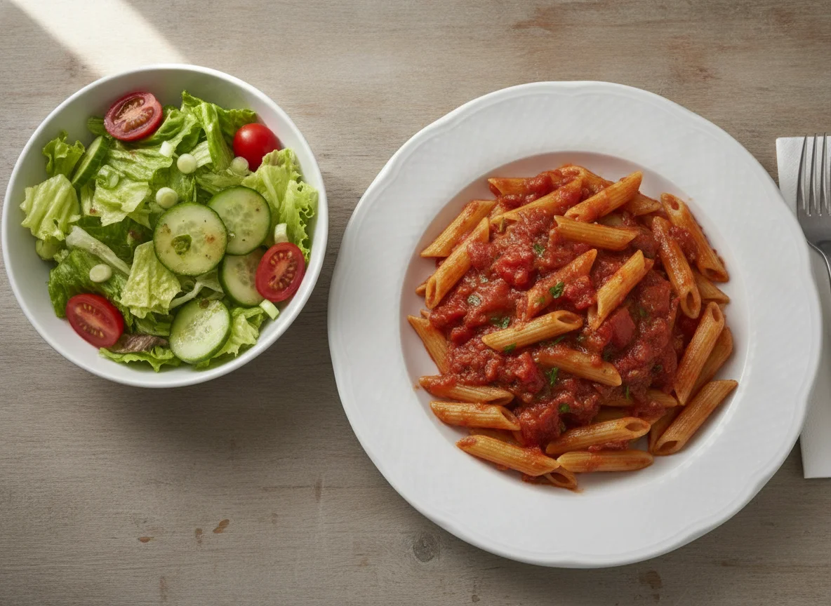 Penne mit Tomatensauce und gemischtem Salat photo