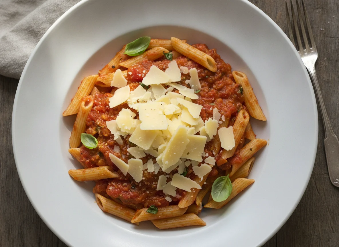 Penne mit Tomatensauce und geriebenem Käse photo