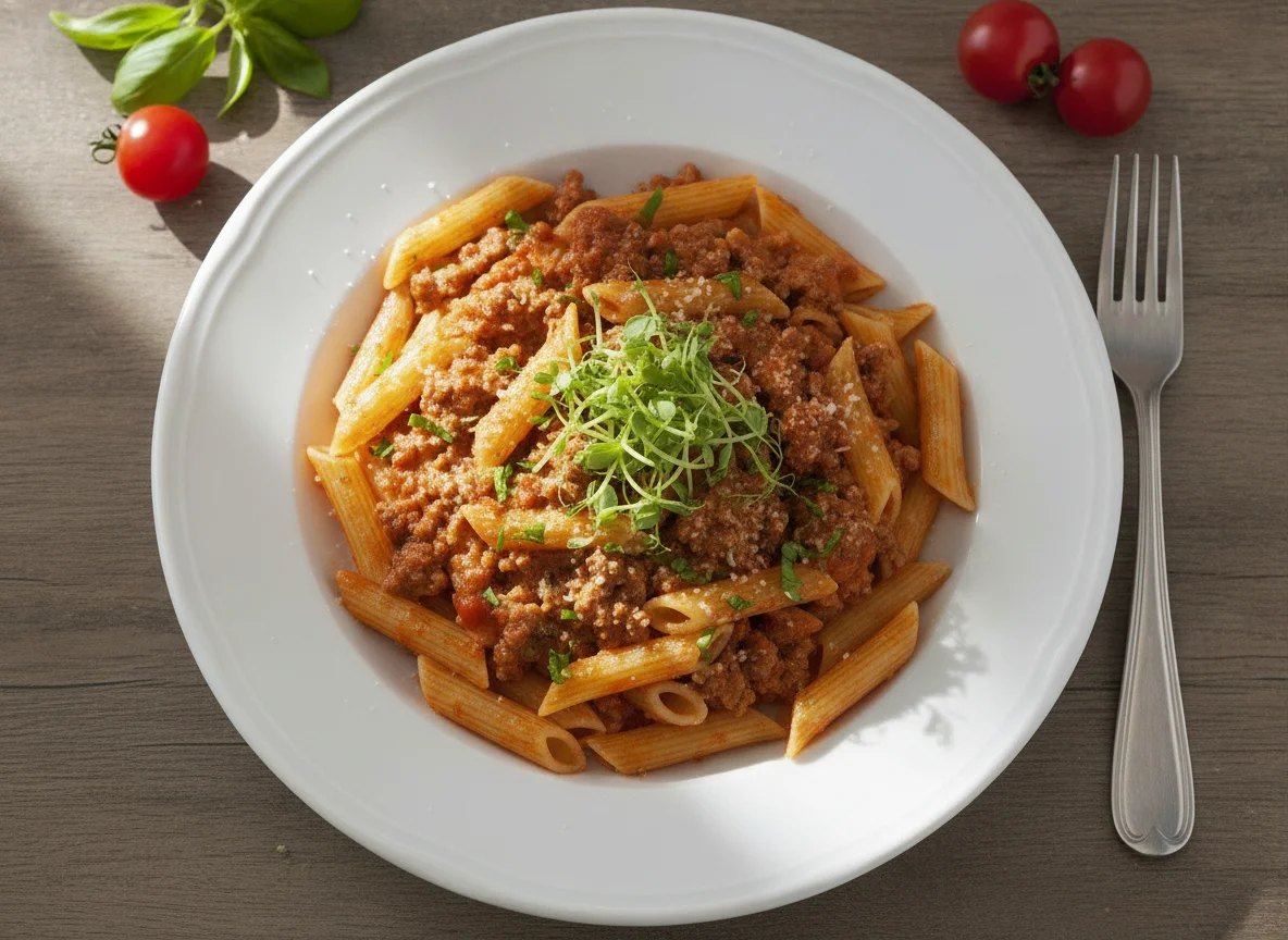 Penne mit Tomatensauce und Hackfleisch photo