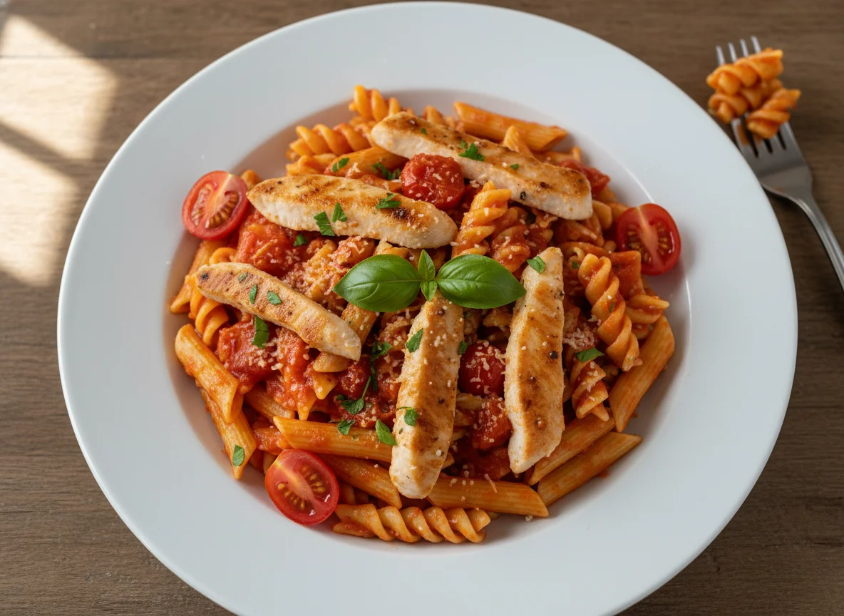 Penne mit Tomatensauce und Hähnchen photo