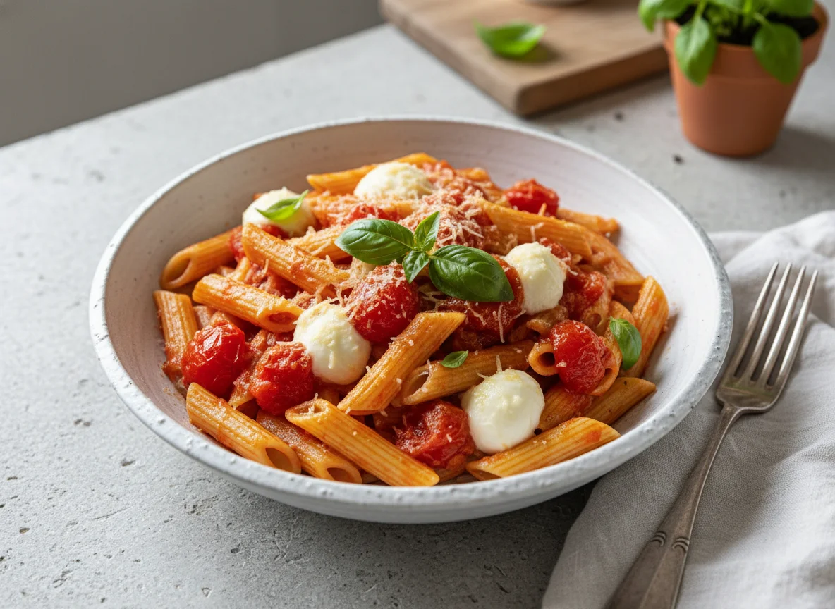 Penne mit Tomatensauce und Mozzarella photo