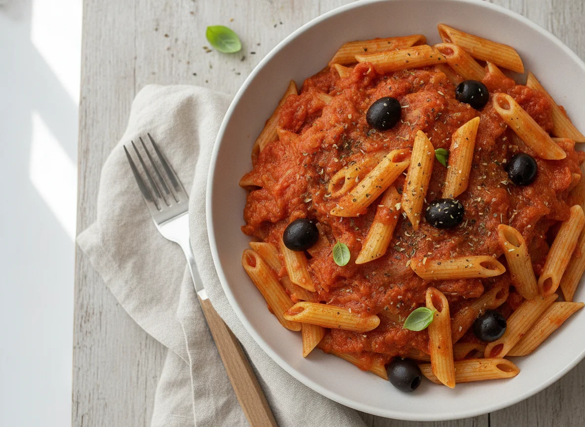 Penne mit Tomatensauce und Oliven photo
