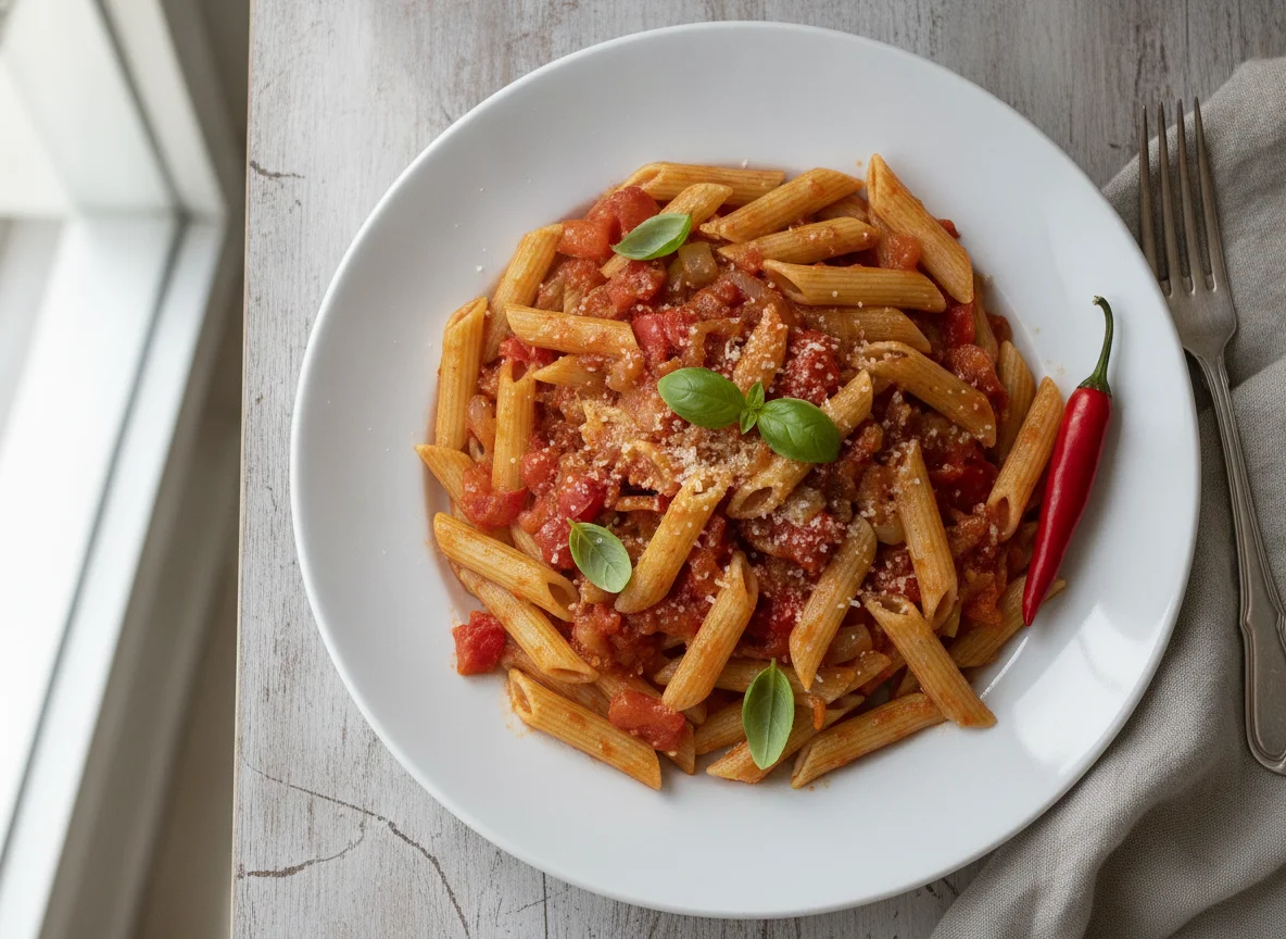 Penne mit Tomatensauce und Paprika photo