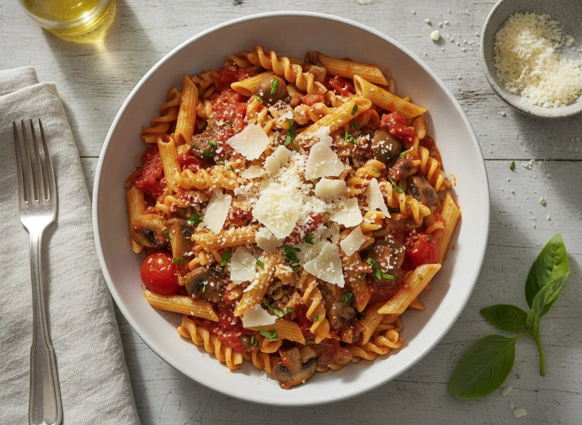 Penne mit Tomatensauce und Pilzen photo