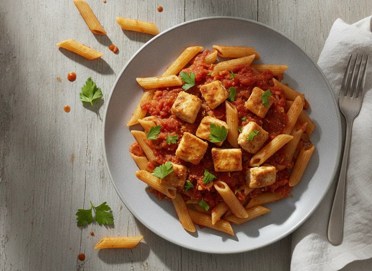 Penne mit Tomatensauce und Poulet photo