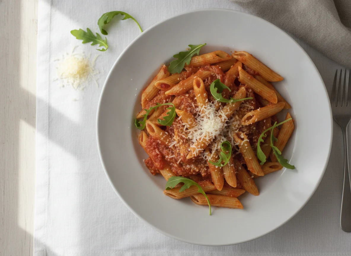 Penne mit Tomatensauce und Rucola photo
