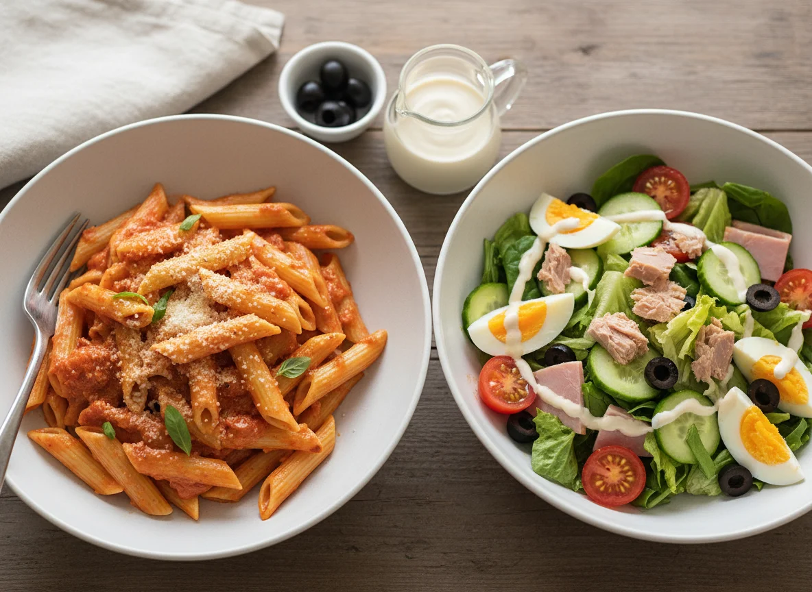 Penne mit Tomatensauce und Salat mit Thunfisch und Ei photo