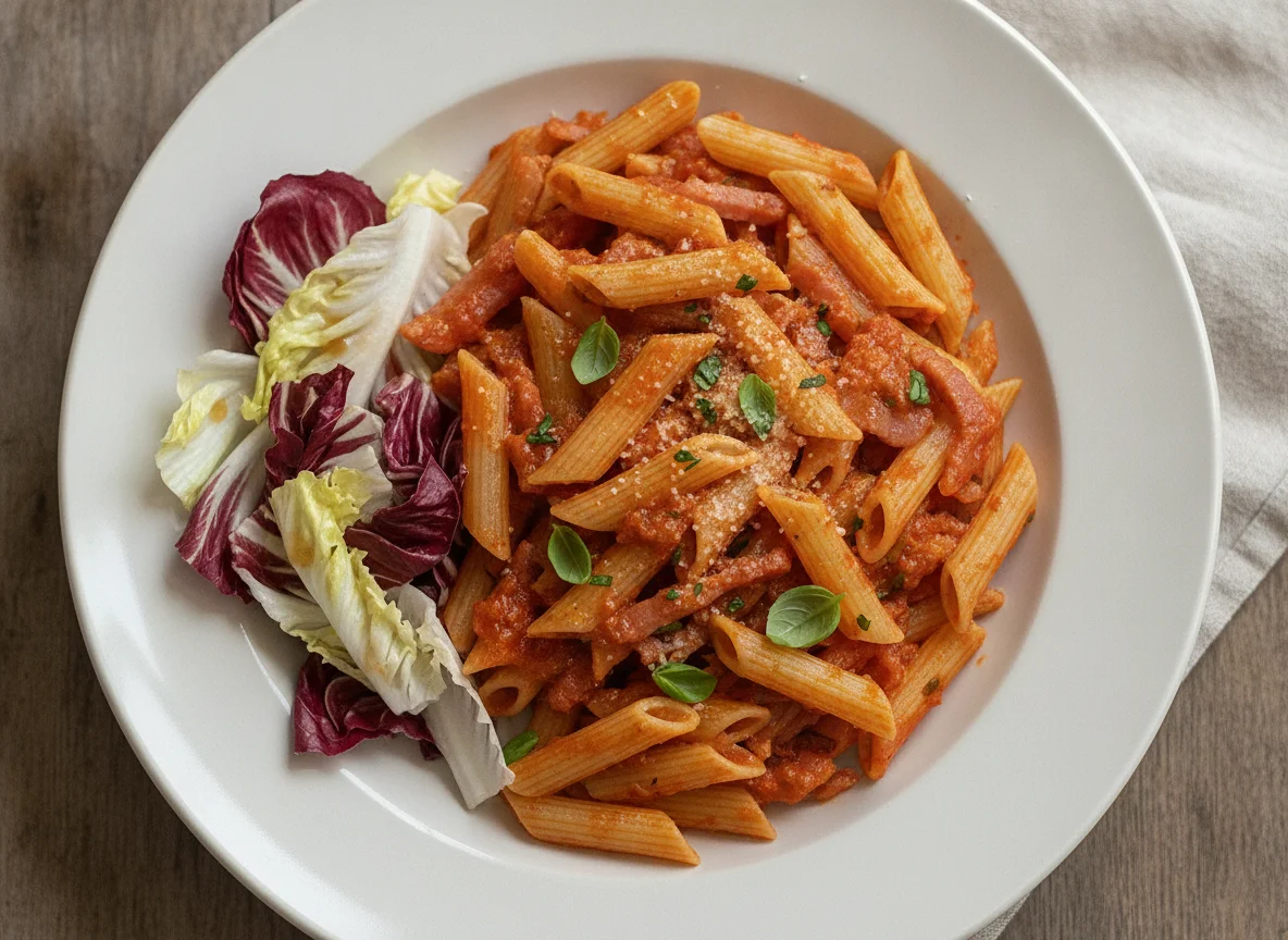 Penne mit Tomatensauce und Schinken photo