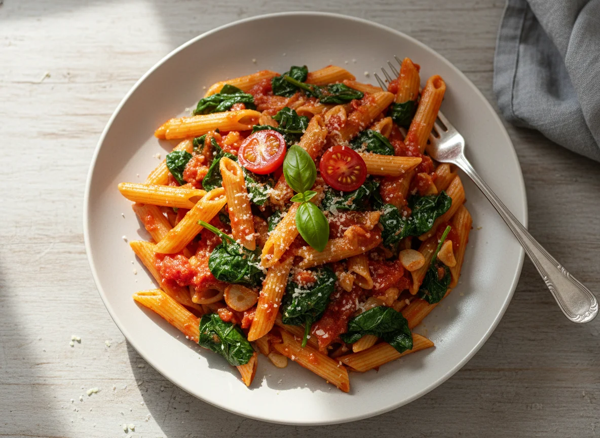 Penne mit Tomatensauce und Spinat photo