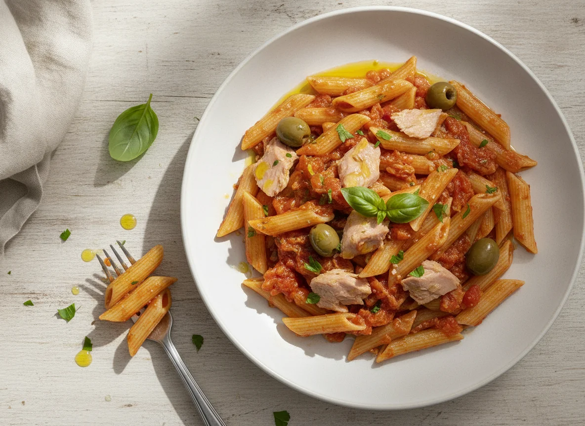 Penne mit Tomatensauce und Thunfisch photo