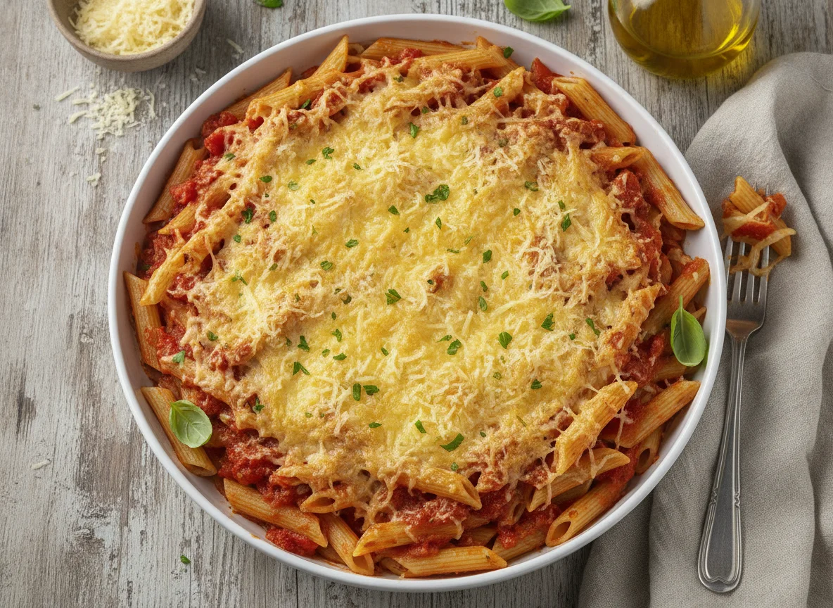 Penne mit Tomatensauce und viel Käse photo