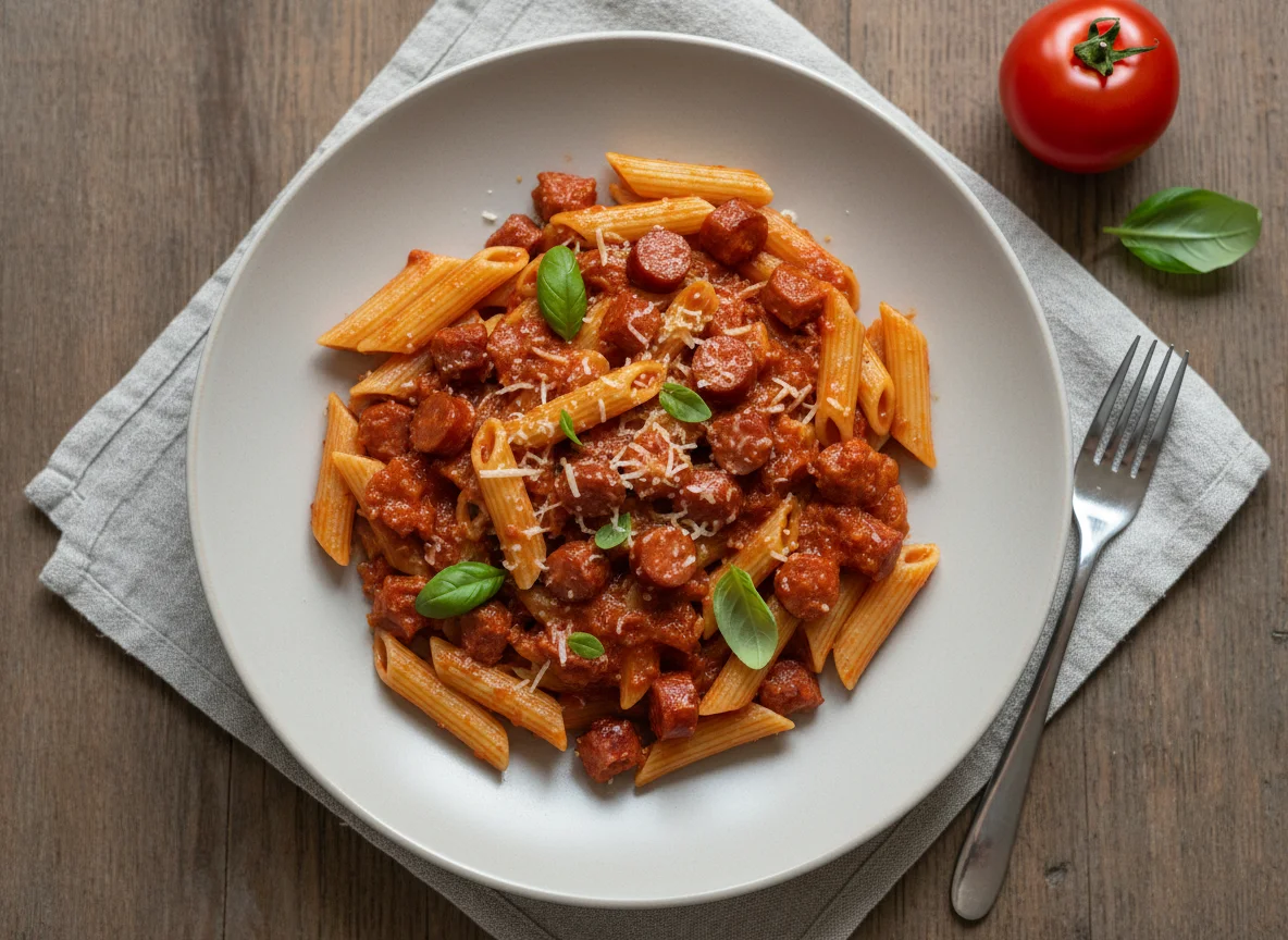 Penne mit Tomatensauce und Wurst photo