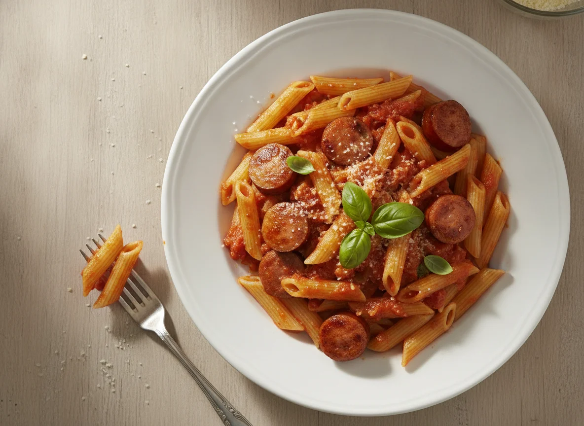 Penne mit Tomatensauce und Würstchen photo