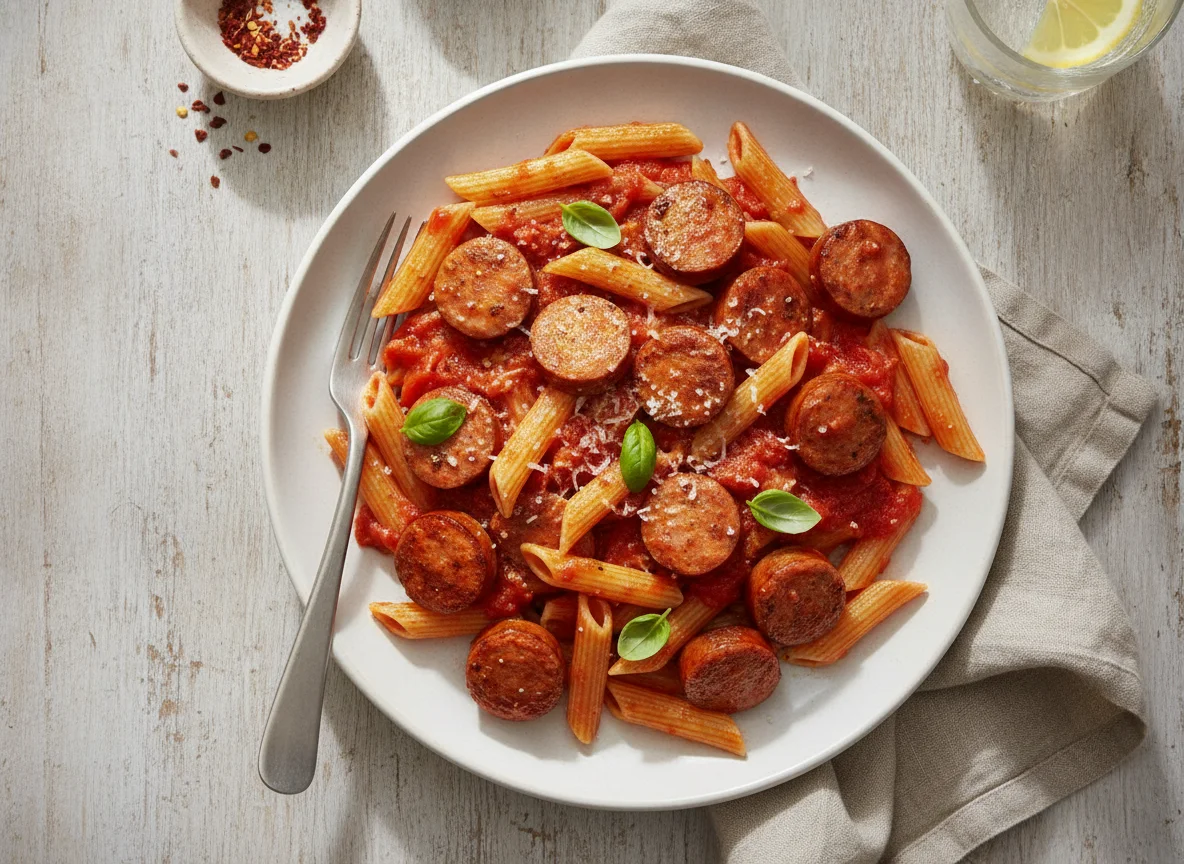 Penne mit Tomatensauce und Wurststücken photo