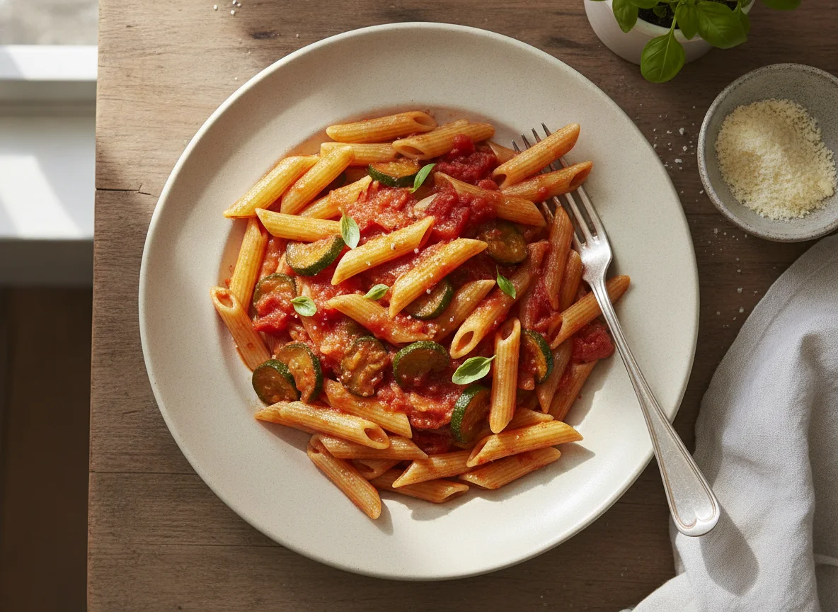 Penne mit Tomatensauce und Zucchini photo