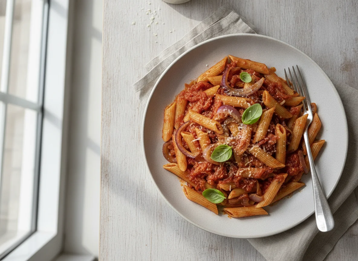 Penne mit Tomatensauce und Zwiebeln photo