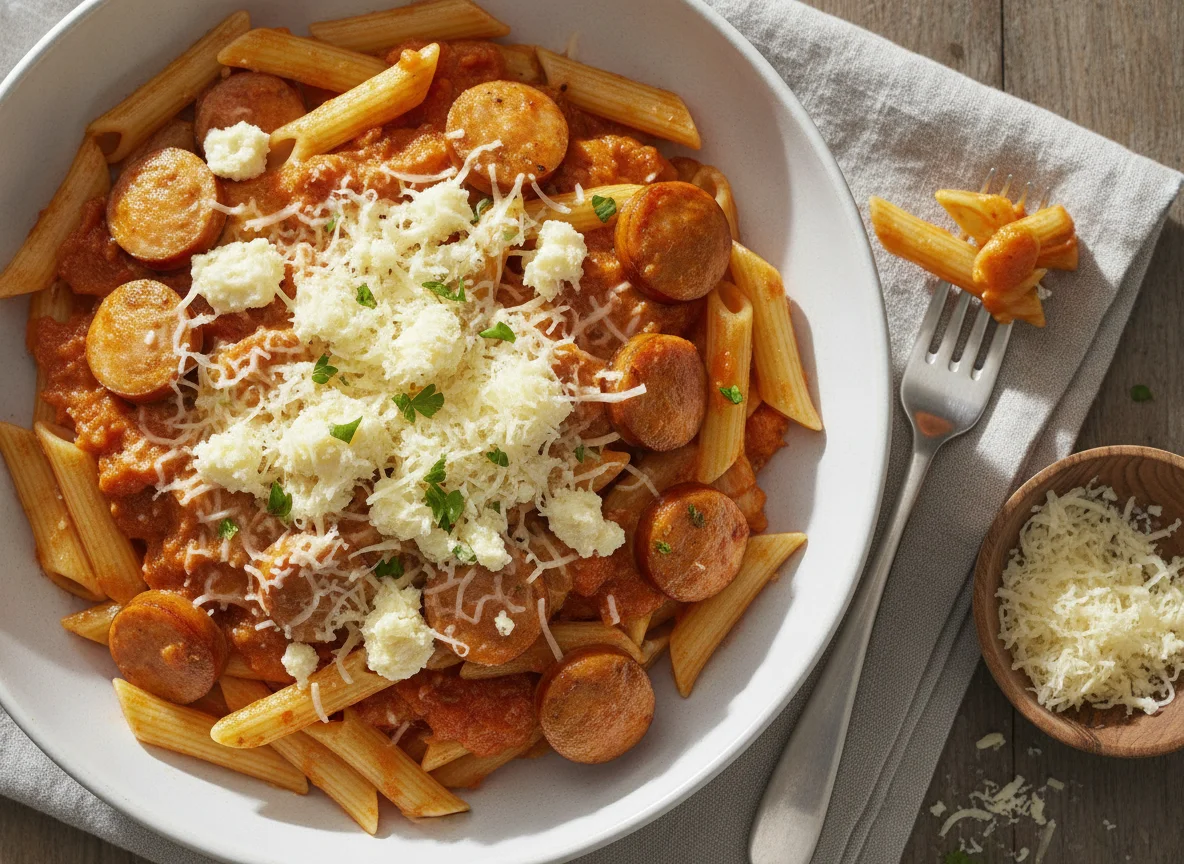 Penne mit Tomatensauce, Würstchen und Käse photo