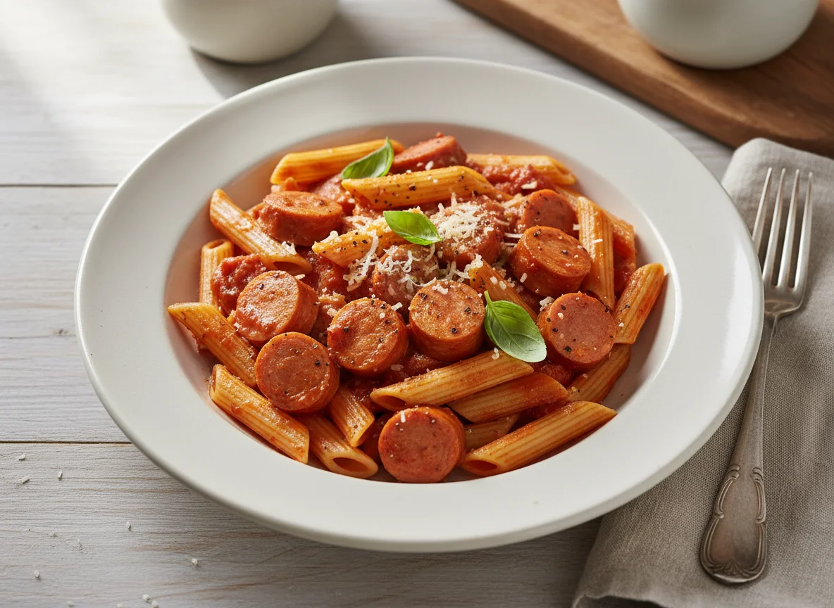 Penne mit Wurst und Tomatensauce photo