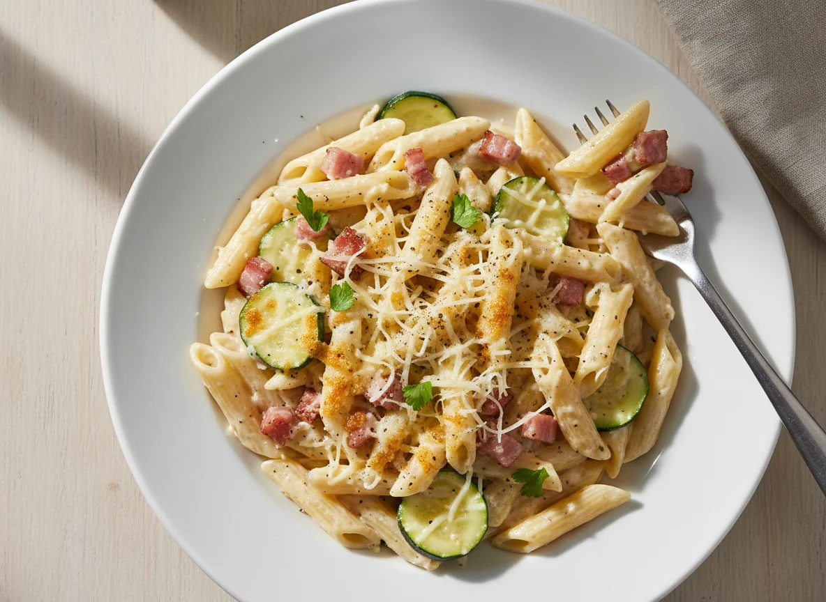 Penne mit Zucchini, Speck und Käse photo
