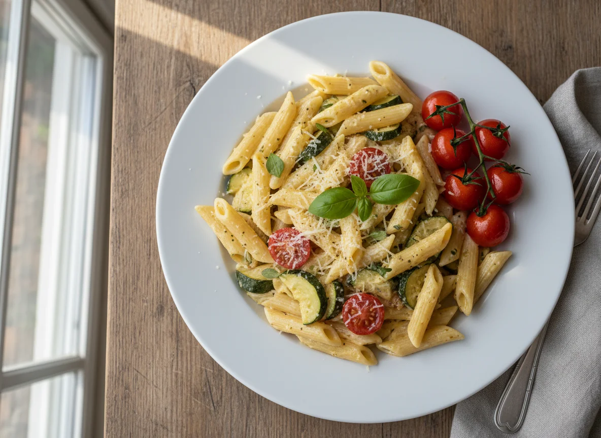 Penne mit Zucchini und Tomaten photo