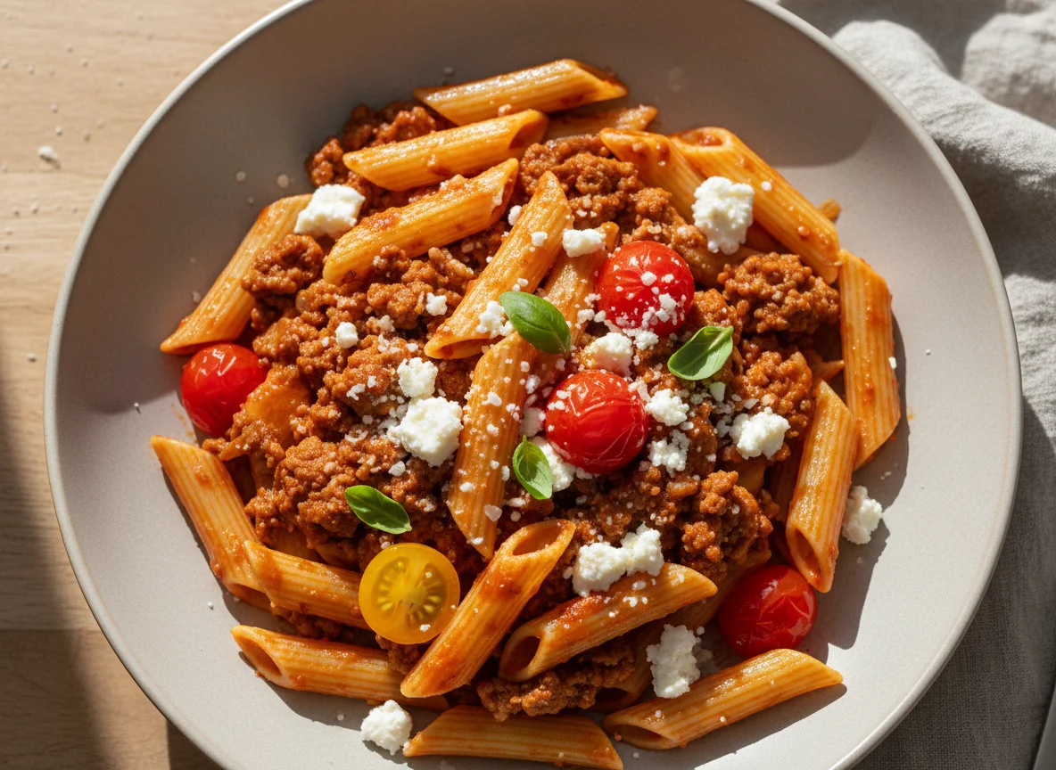 Penne Rigatoni mit Hackfleisch, Feta und Tomaten photo