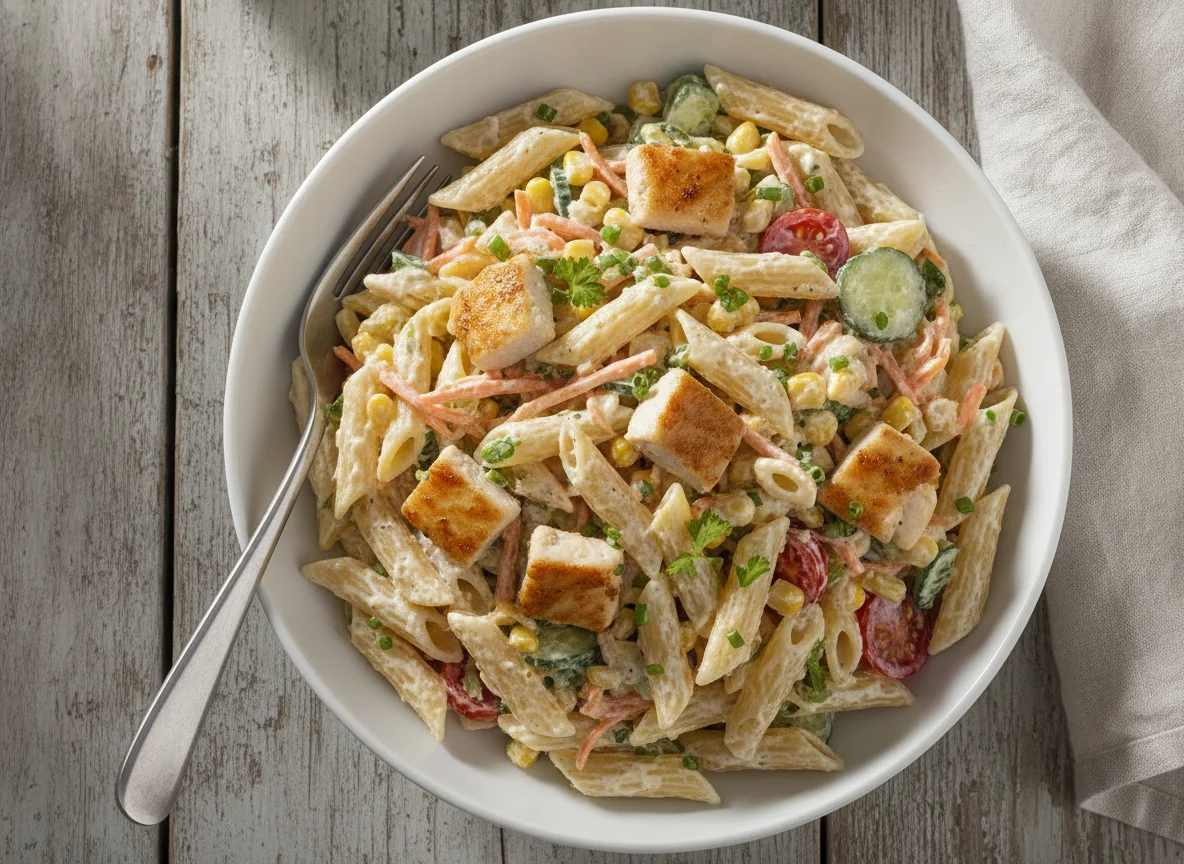 Penne-Nudelsalat mit Hähnchen und Gemüse photo