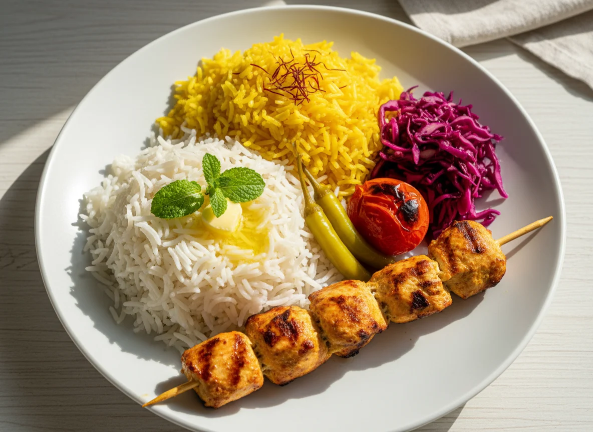 Persischer Hähnchen-Kebab mit Reis photo