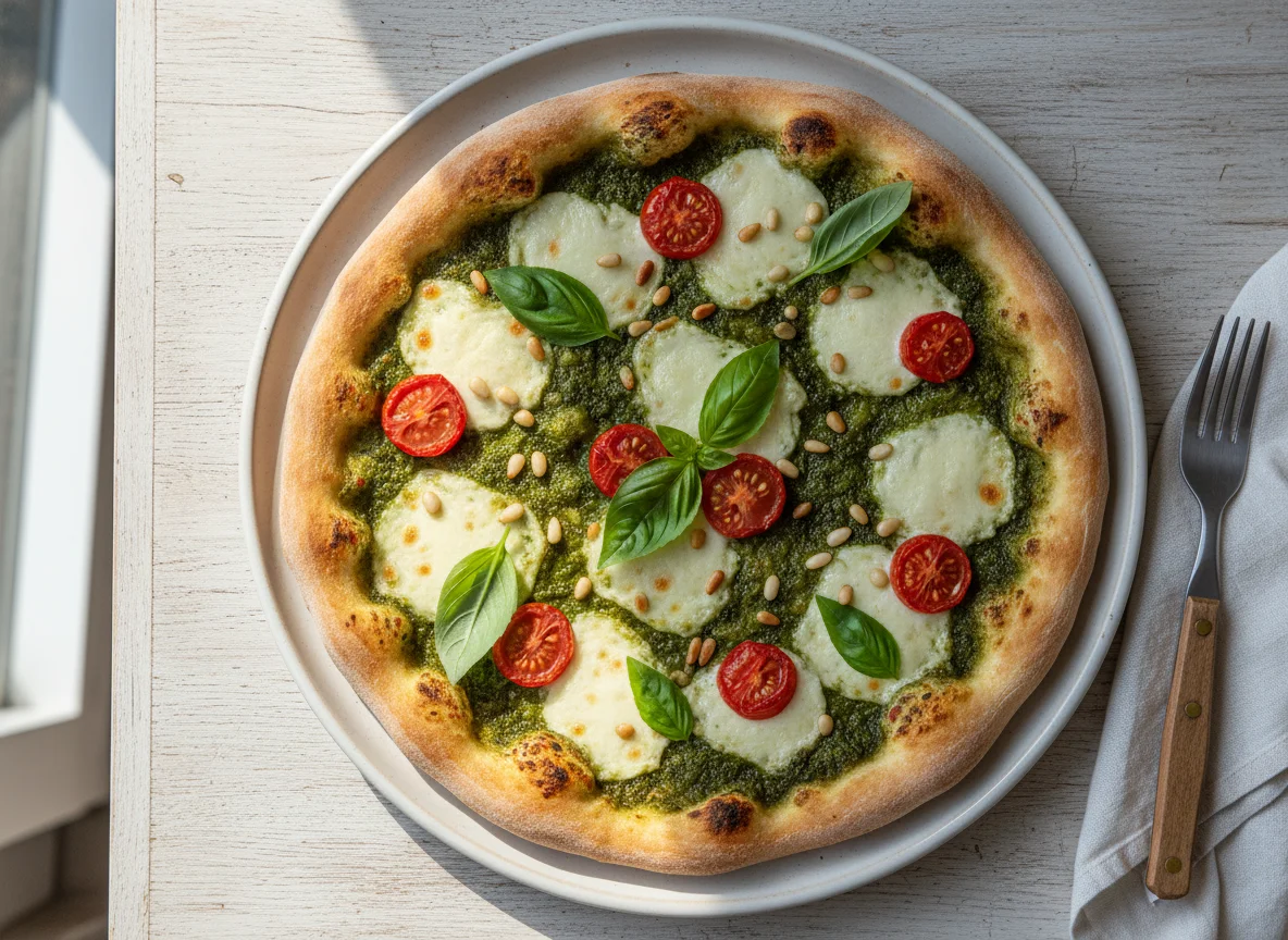 Pesto Pizza mit Pinienkernen und Kirschtomaten photo