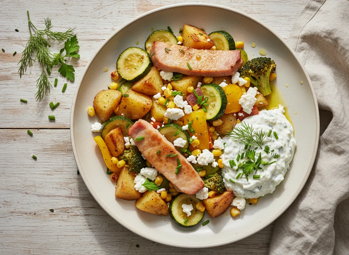 Pfannengemüse mit Kassler, Feta und Kräuterquark photo