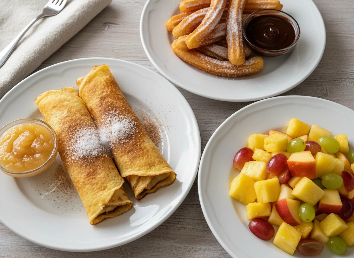 Pfannkuchen, Churros und Obstsalat photo