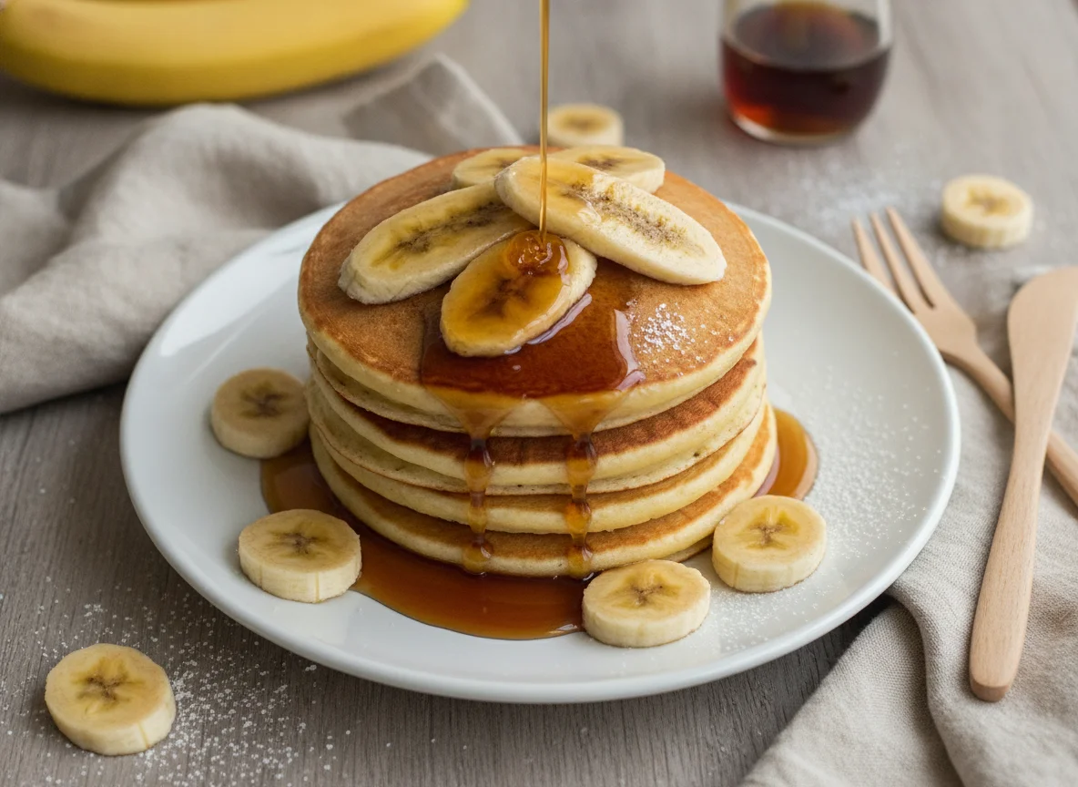 Pfannkuchen mit Bananen und Ahornsirup photo